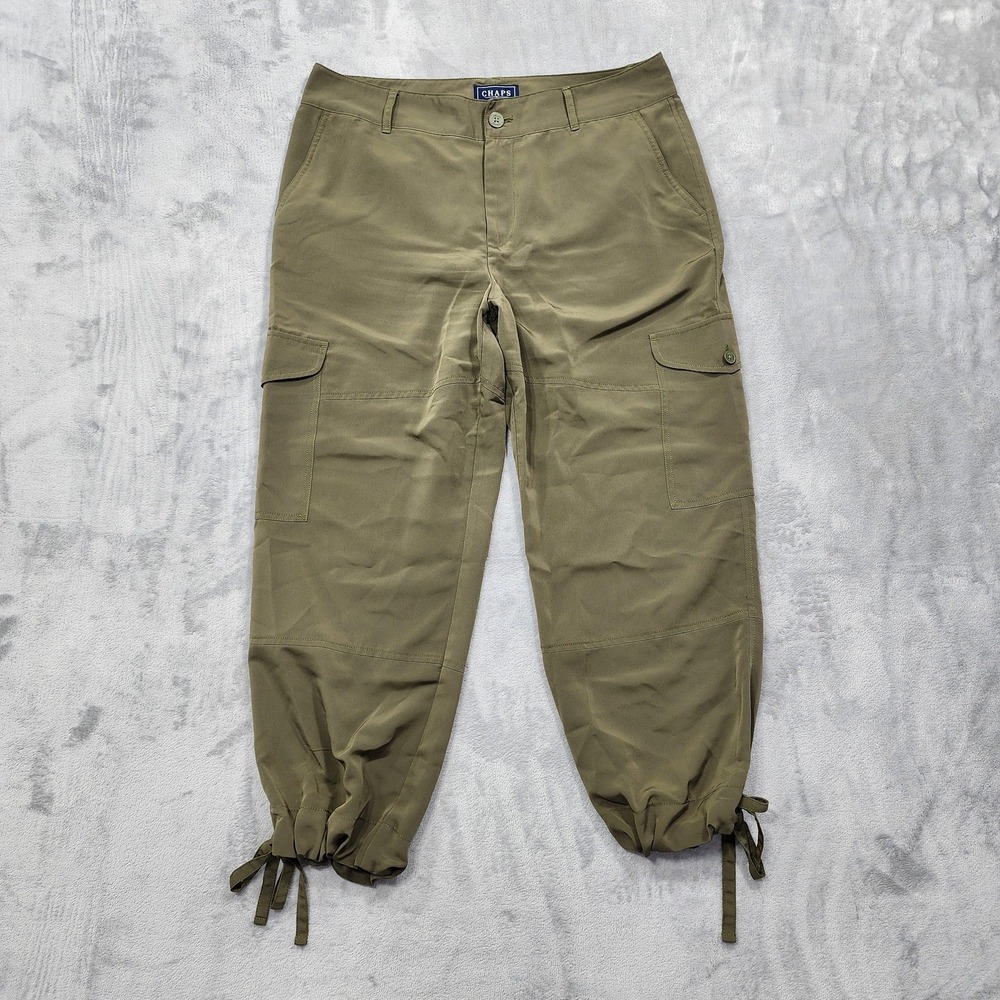 Chaps Pants Womens 10 Green Microfiber High Rise Cargo Capri Crop Tie Hem Preppy